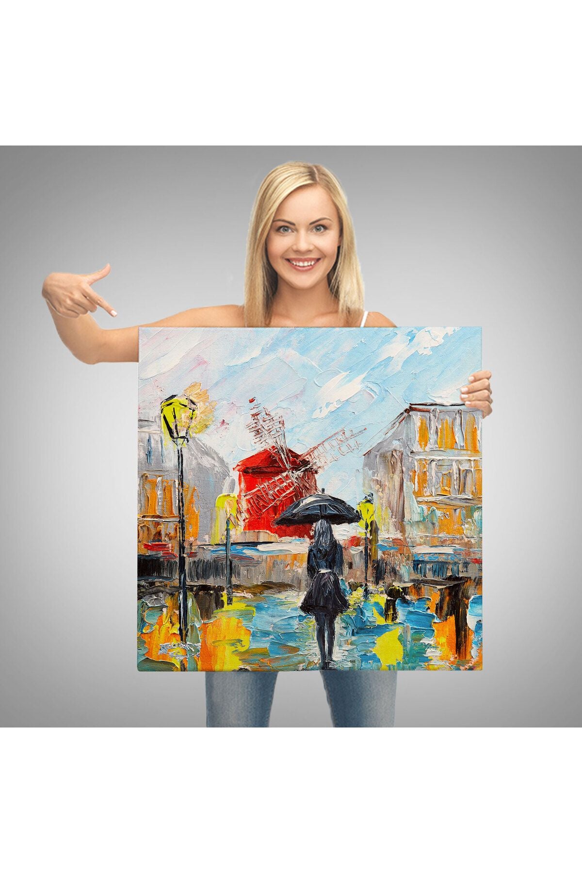 Paris de Yağmur da Yürüyen Kadın Yağlıboya Görünüm Dekoratif Kanvas Duvar Tablosu-5844