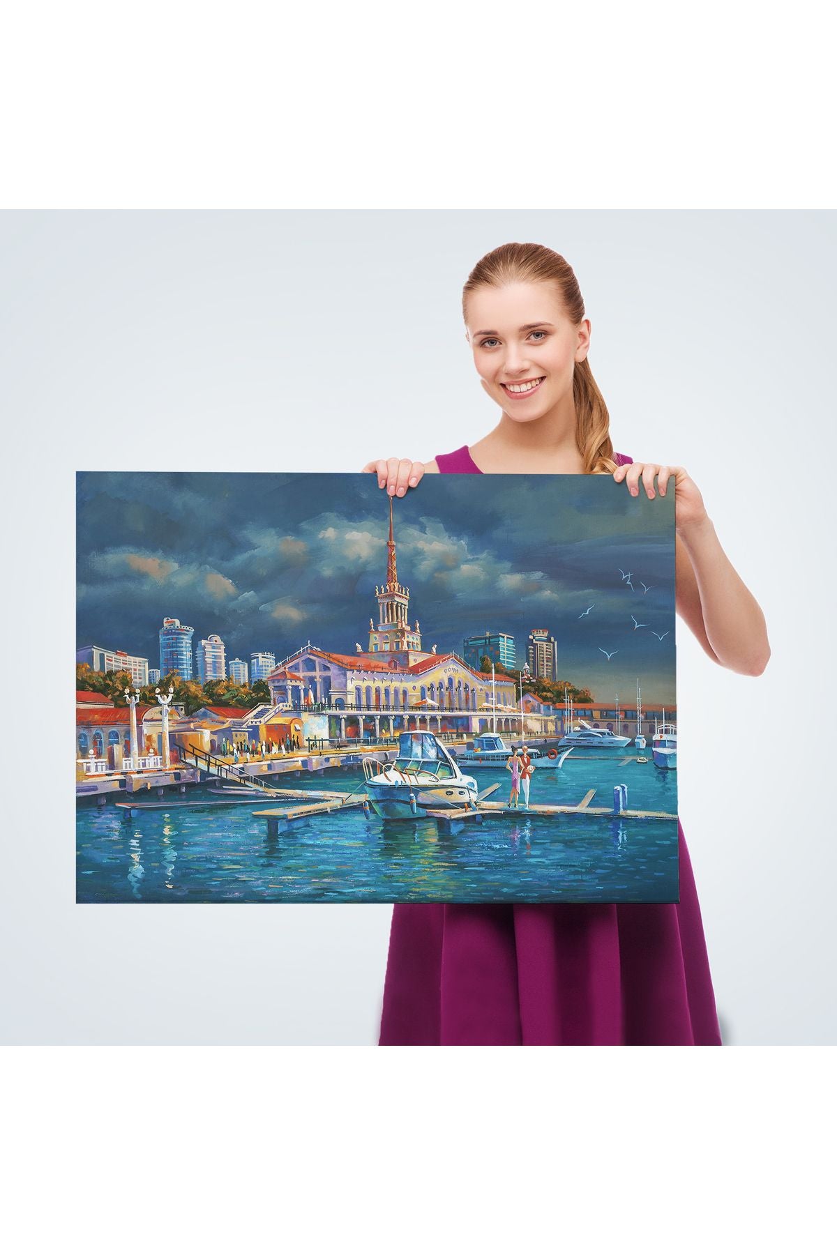 Soçhi Limanı Rusya Yağlıboya Görünüm Dekoratif Kanvas Duvar Tablosu-3604