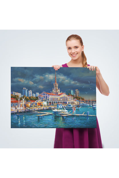 Soçhi Limanı Rusya Yağlıboya Görünüm Dekoratif Kanvas Duvar Tablosu-3604