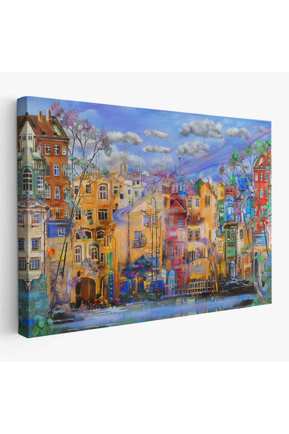 Eski Avrupa Kasabası Yağlıboya Görünüm Dekoratif Kanvas Tablo-3536