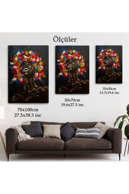 Yağlıboya Görünümlü Renkli Saçlı Gülen Siyahi Kadın Tablosu-6367