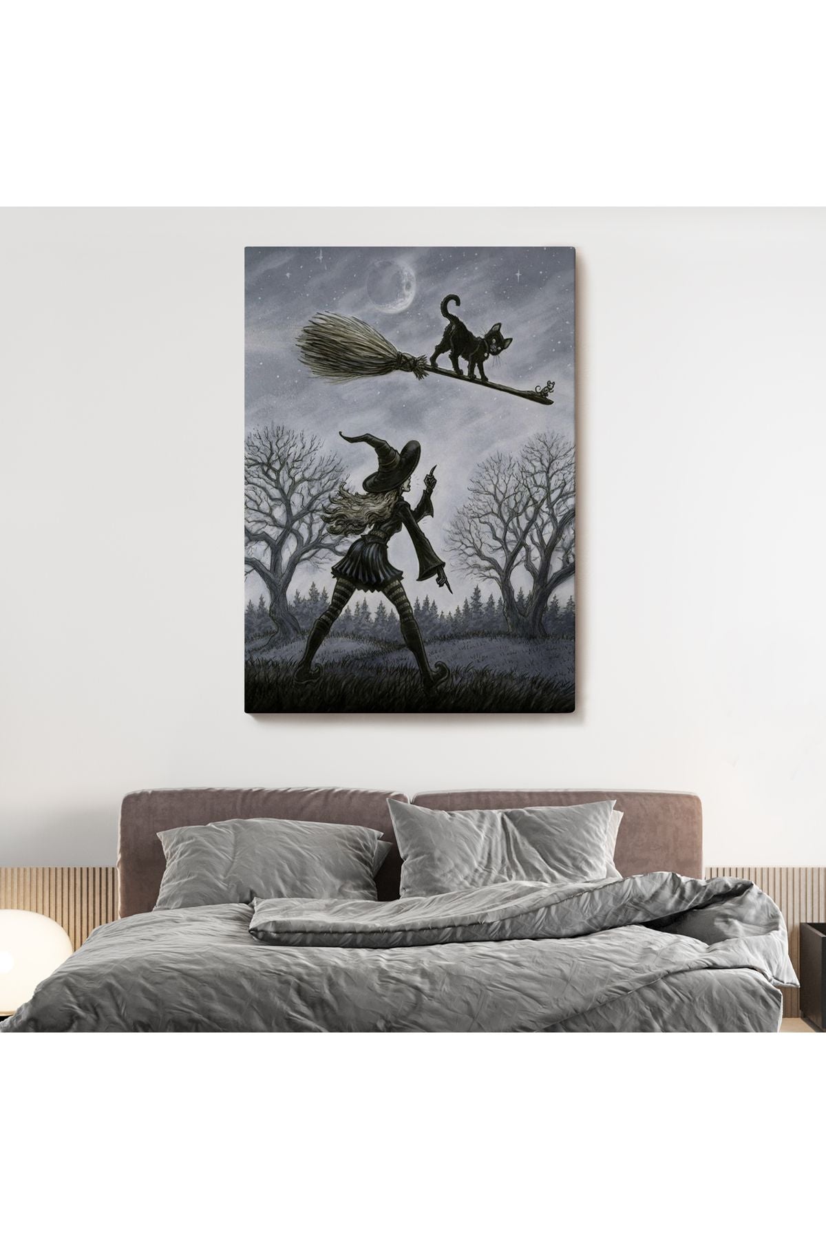 Cadı Süpürgesi ile Uçan Kara Kedi Tablosu, Witches Halloween-6353