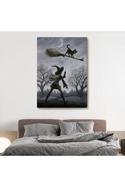 Cadı Süpürgesi ile Uçan Kara Kedi Tablosu, Witches Halloween-6353