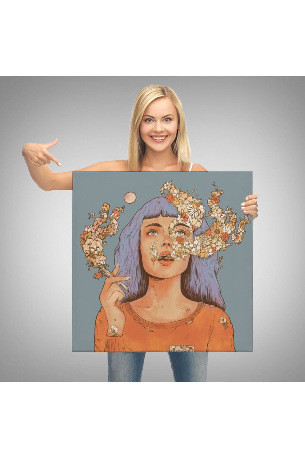 Sigara İçen Kadın Çiçek Detaylı Kanvas Tablo-5877
