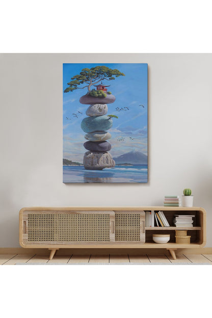 Sahilde Renkli Denge Taşları, Meditasyon, Yoga, Spiritüel Baskı Kanvas Tablo-5239