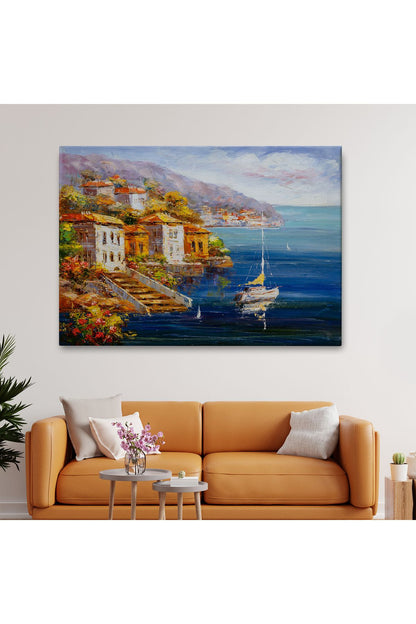 Yunanistan Harbor View Manzaralı Yağlıboya Görünüm Dekoratif Kanvas Duvar Tablosu-3532