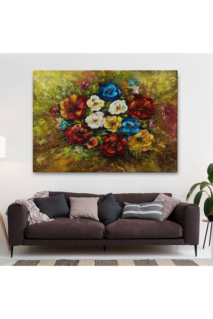 Çiçek Buketi Yağlıboya Görünüm Dekoratif Kanvas Duvar Tablosu-3515
