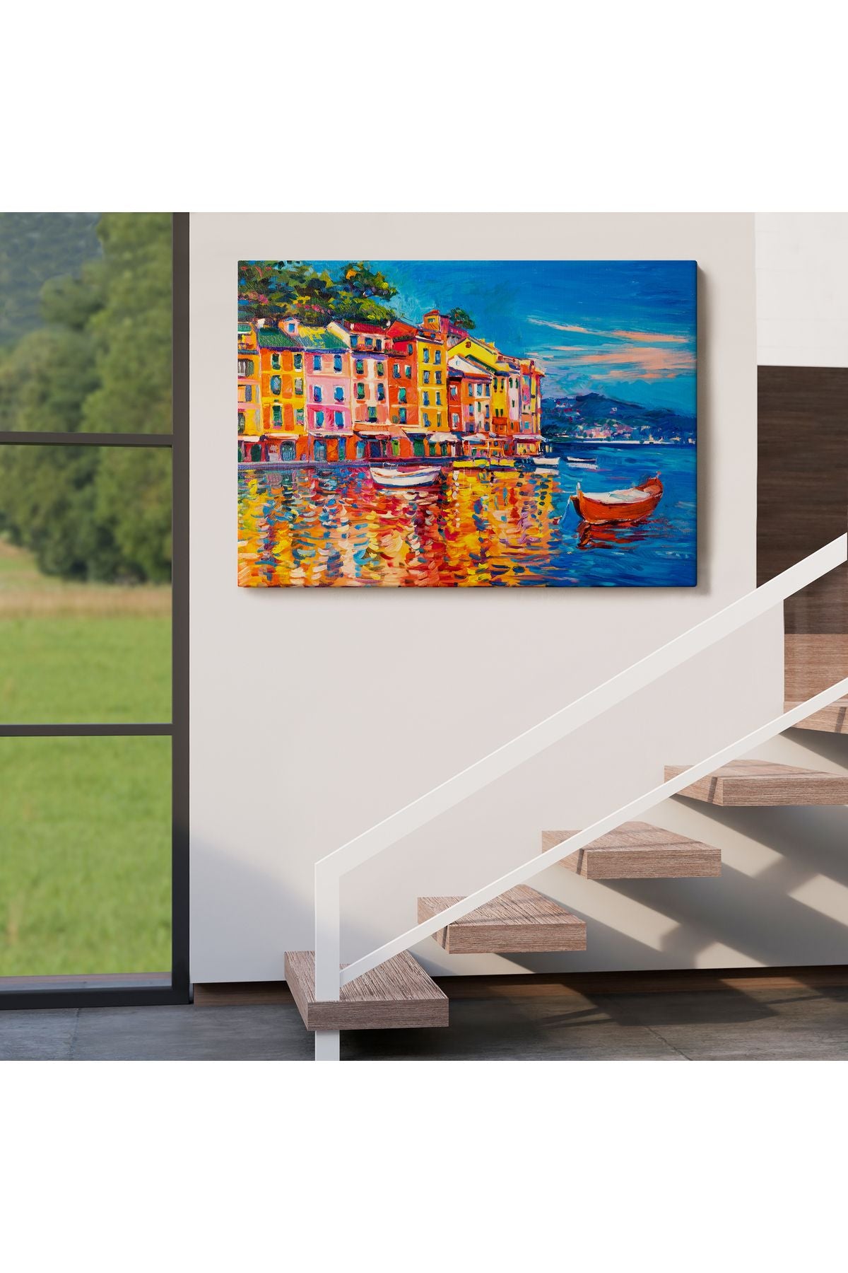 Deniz de Tekneler Yağlıboya Görünüm Dekoratif Kanvas Duvar Tablosu-3457