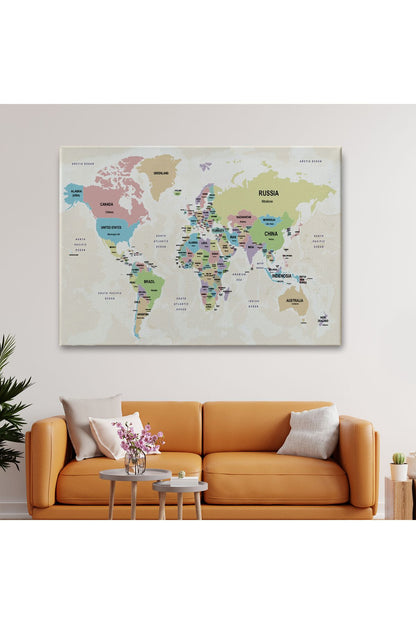 Dünya Haritası Kanvas Tablo Ülke Başkentli ve Okyanus Detaylı Tablo 2749