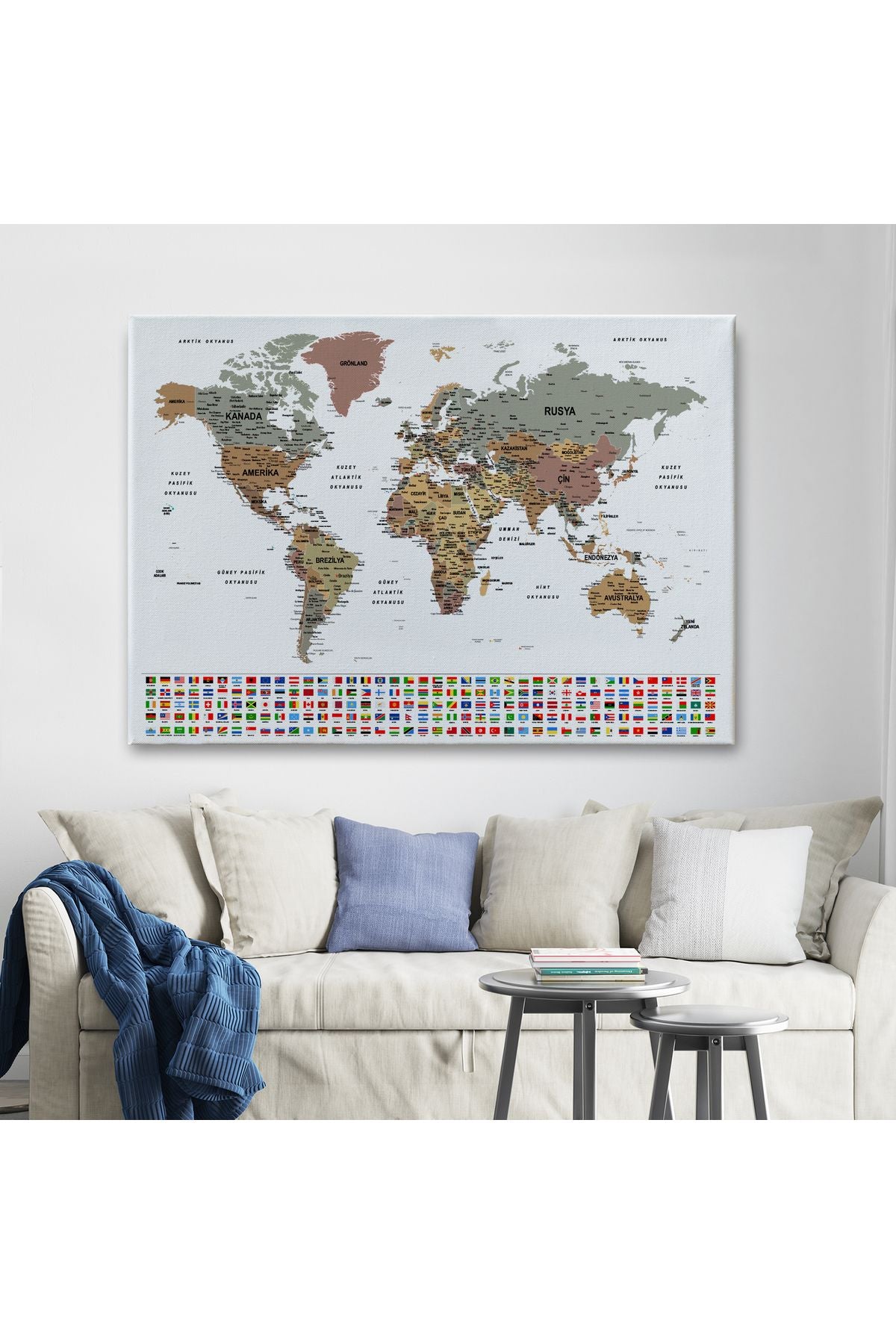 Türkçe Dünya Haritası Son Derece Ayrıntılı Eğitici ve Bayraklı Kanvas Tablo 2809