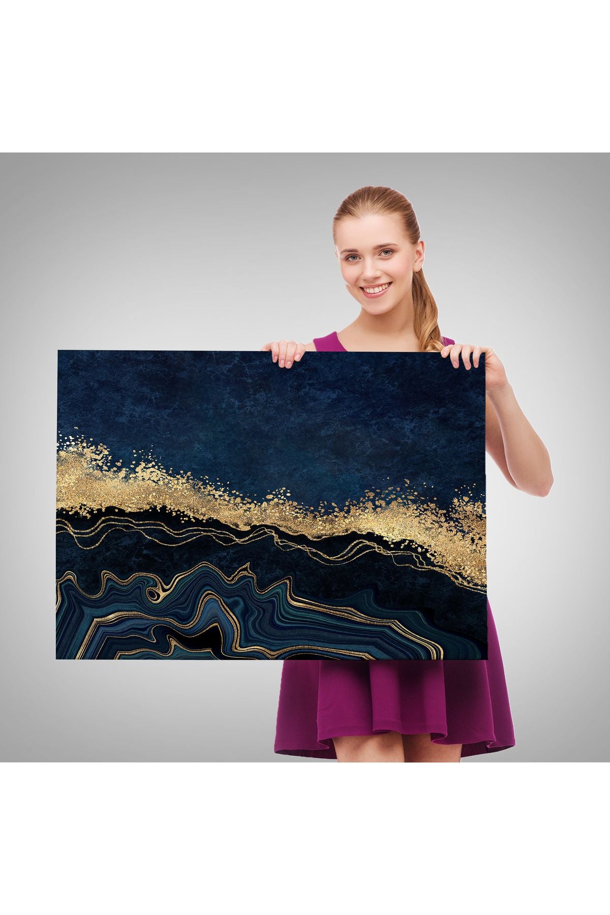 Mavi ve Gold'un Müthiş Uyumu Mermer Görünümlü Modern Kanvas Tablo-5062