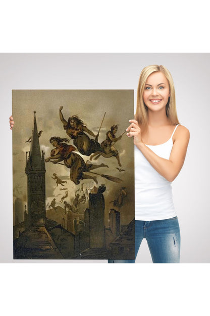 Süpürgelerindeki Cadılar Evlerinin Çatılarının Üzerinden Uçuyor Duvar Tablosu-6118