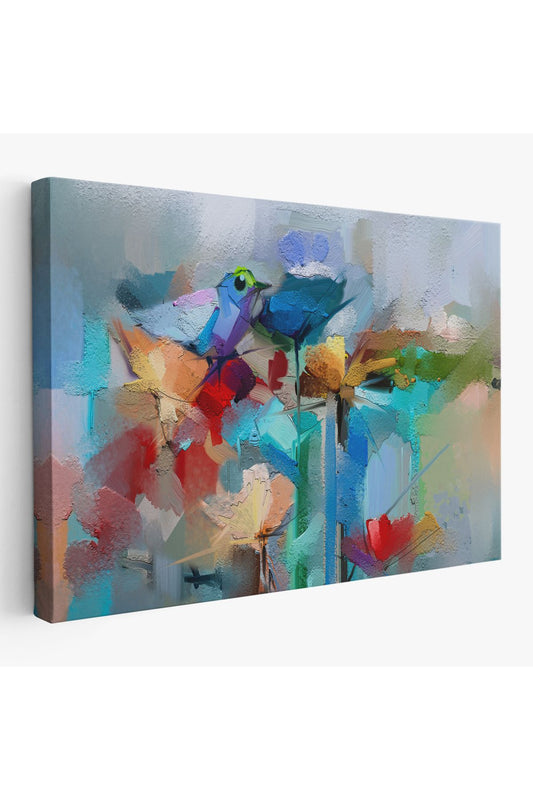 Modern Soyut Tarzda Çiçekler ve Kuş Dekoratif Kanvas Duvar Tablosu-3701