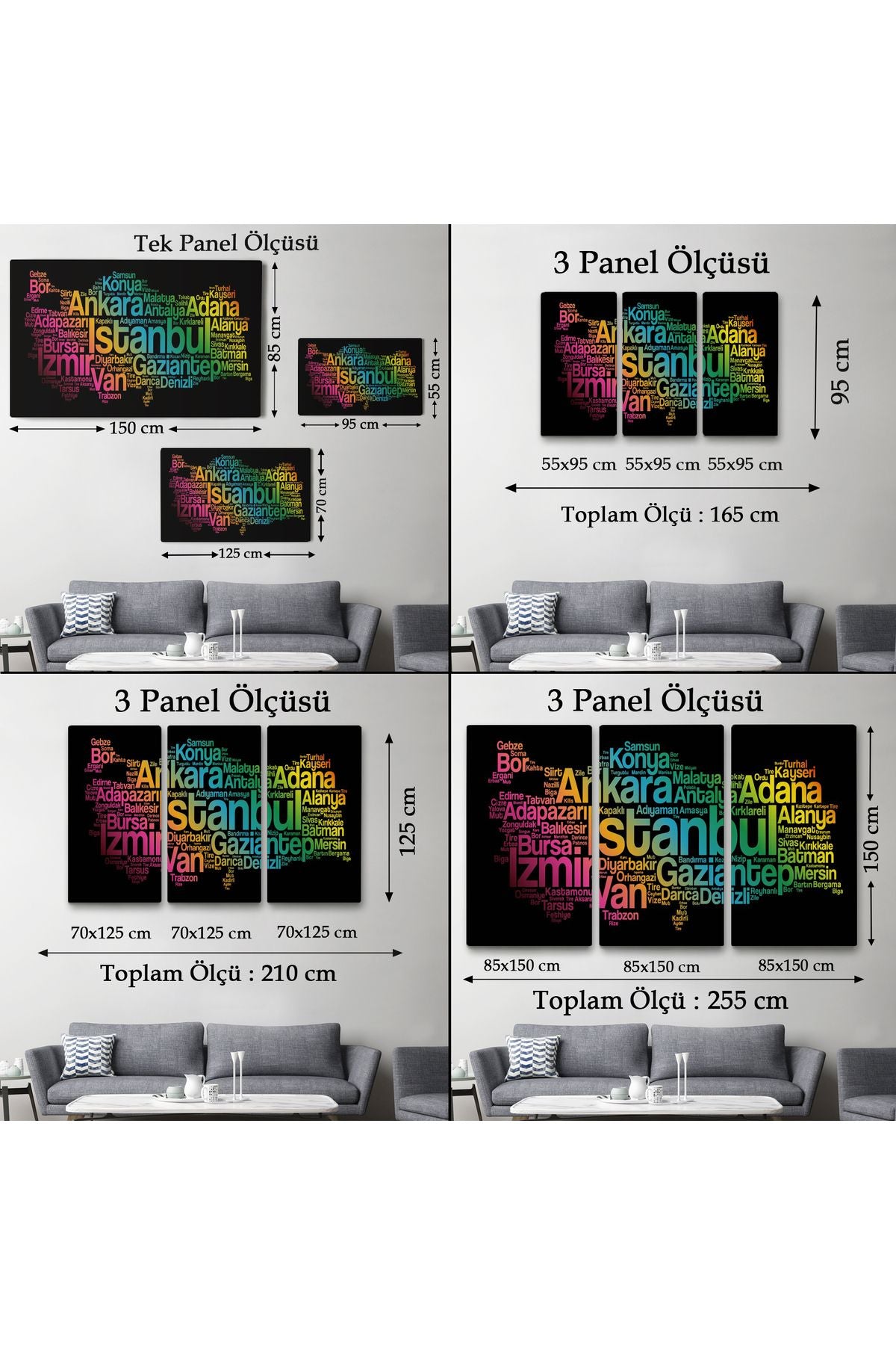 İller İsimli Siyah Zeminli Dekoratif Kanvas Tablo 1016