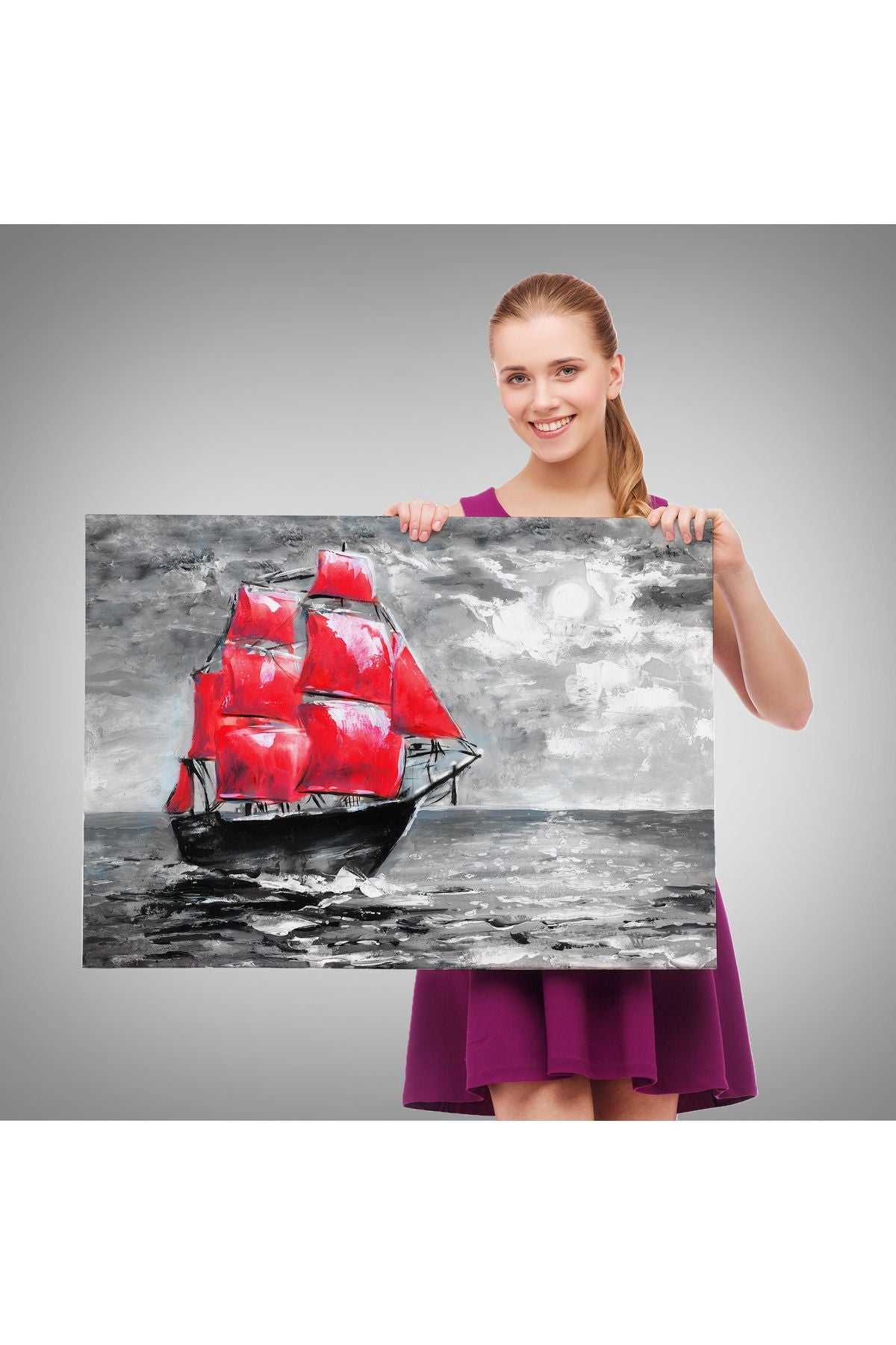 Okyanustaki Kırmızı Yelkenli Duvar Tablosu-1205