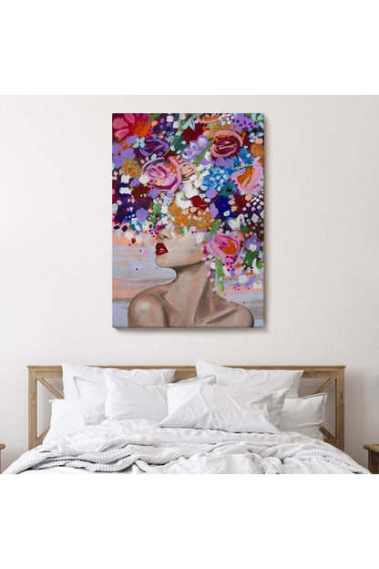 Çiçek Saçlı Kadın Yağlıboya Görünüm Dekoratif Kanvas Duvar Tablosu -6413