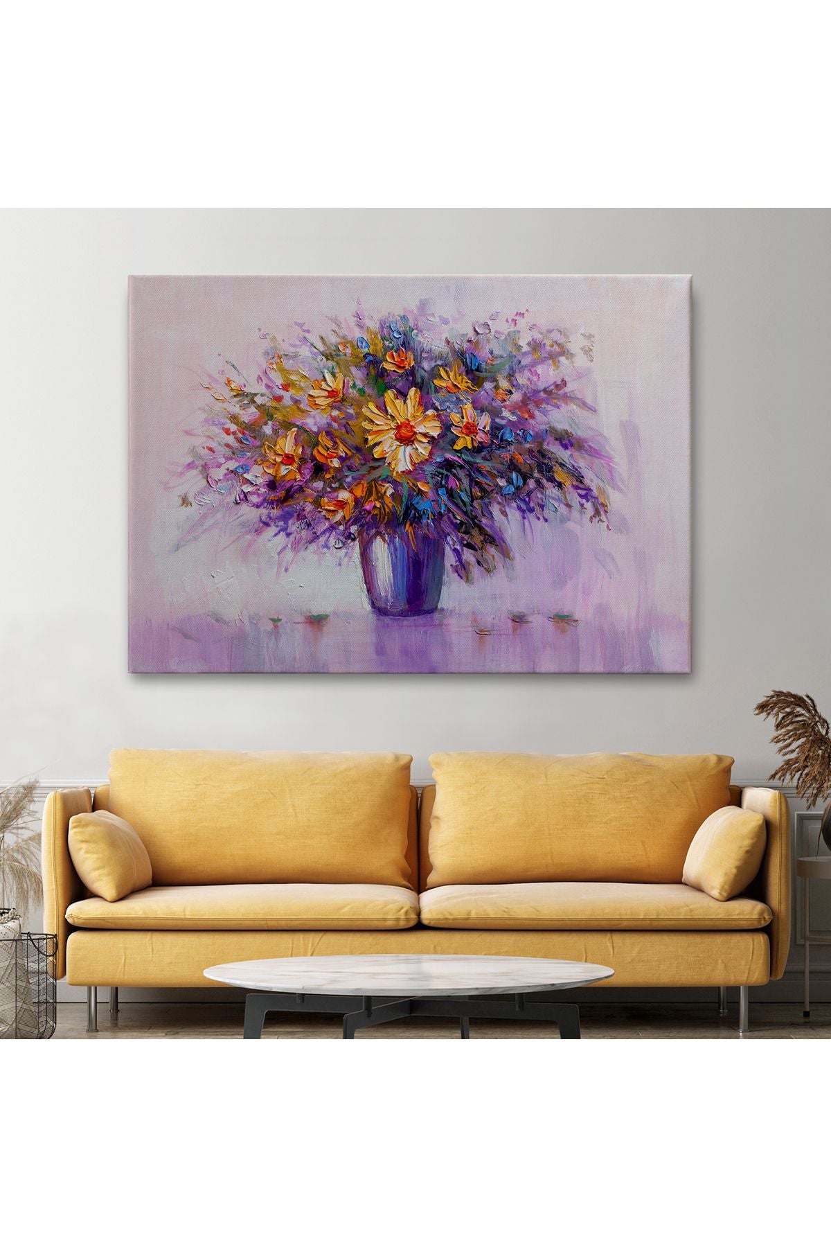 Yağlıboya Görünümlü Vazo İçerisindeki Renkli Çiçekler Duvar Tablosu-3635