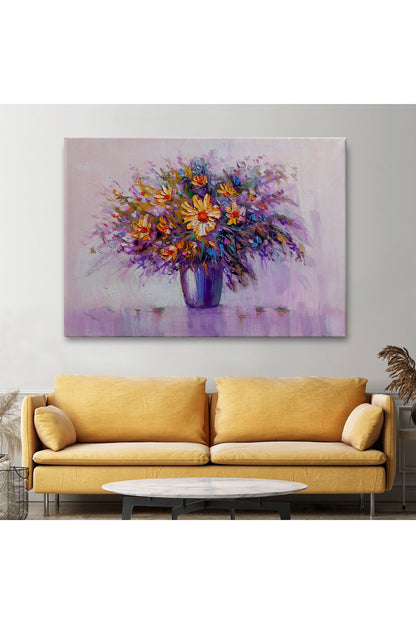 Yağlıboya Görünümlü Vazo İçerisindeki Renkli Çiçekler Duvar Tablosu-3635