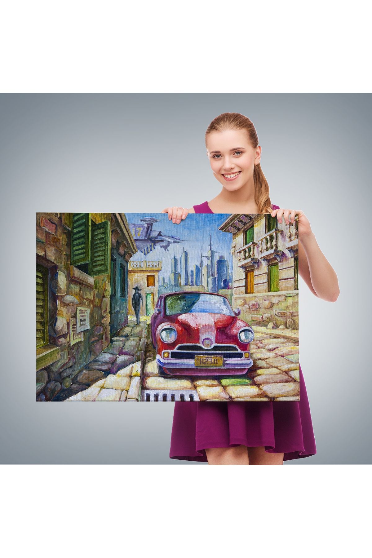 Dekoratif Kanvas Tablo, Duvar Tablosu-Yağlıboya Görünüm Eski Kırmızı Araba 3433