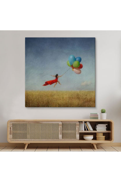 Renkli Balonlarla Uçan Kız Kanvas Tablo-5855