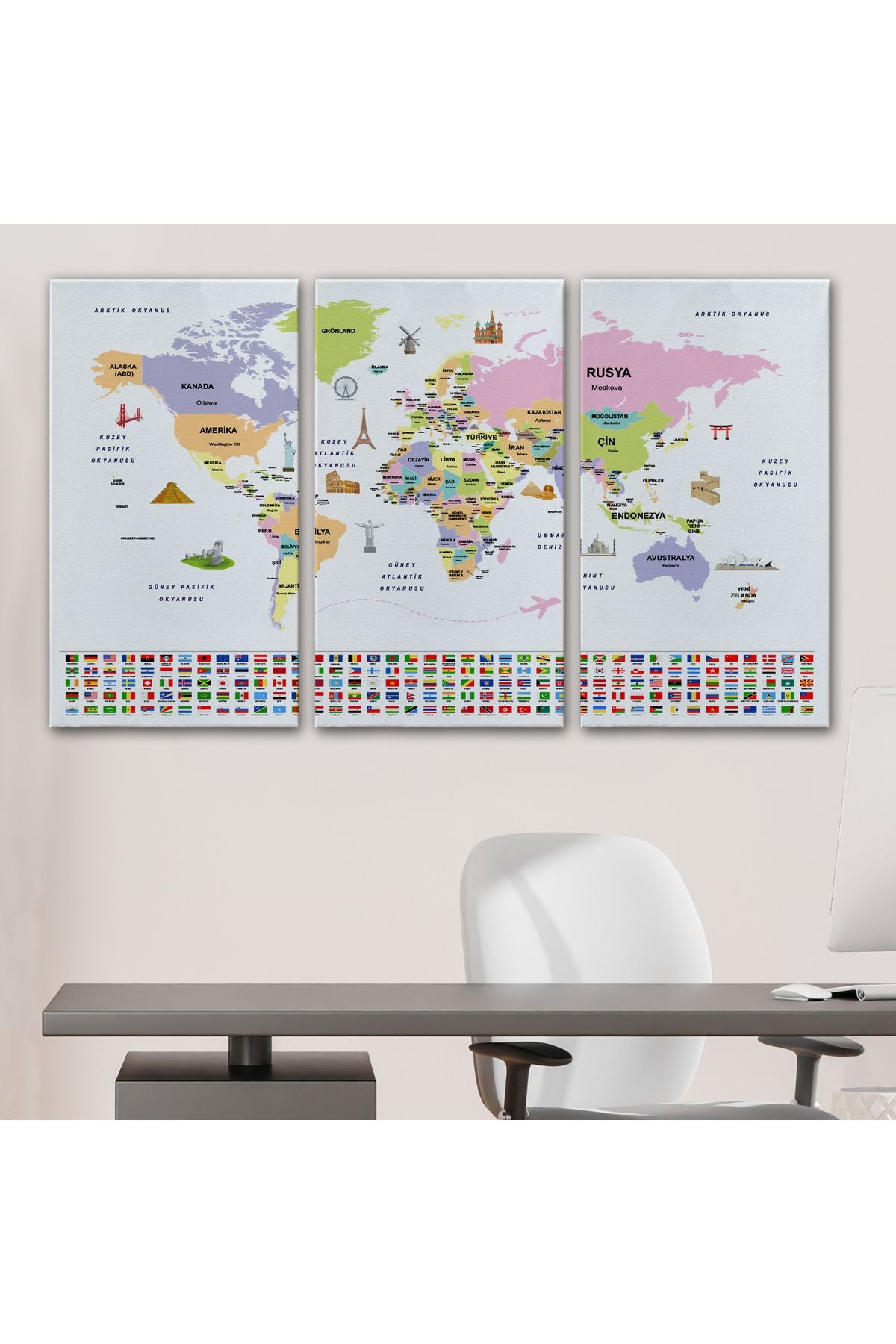 db01shp seri Türkçe Dünya Haritası Ülke Bayrak ve Başkentli Kanvas Tablo 1924