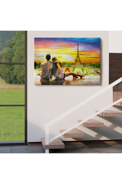 Paris Eyfel Kulesini Seyreden Romantik Çift Kanvas Tablo-3627