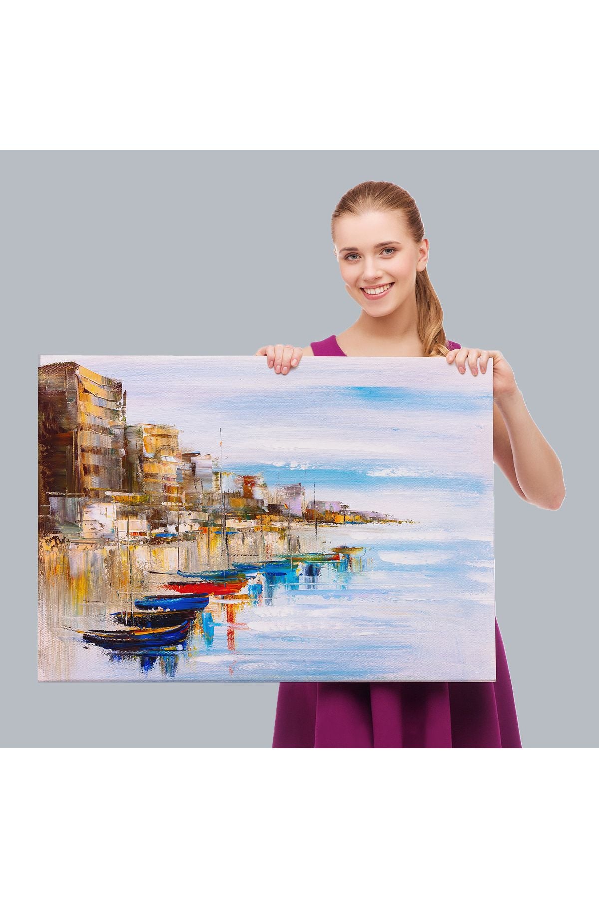 Sahildeki Renkli Tekneler Dekoratif Kanvas Duvar Tablosu-3723