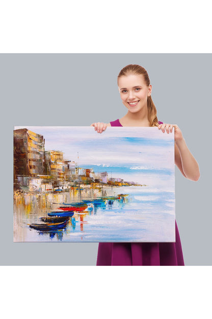 Sahildeki Renkli Tekneler Dekoratif Kanvas Duvar Tablosu-3723