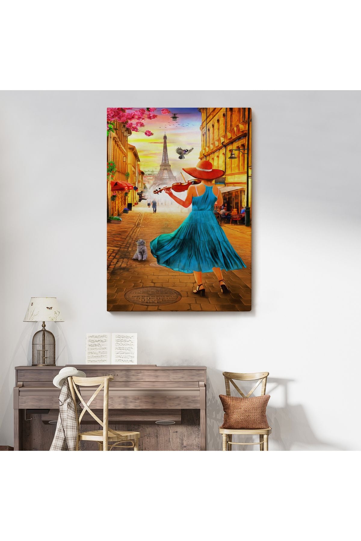 Paris de Etfel Kulesine Karşı Keman Çalan Kız Tablosu-6006