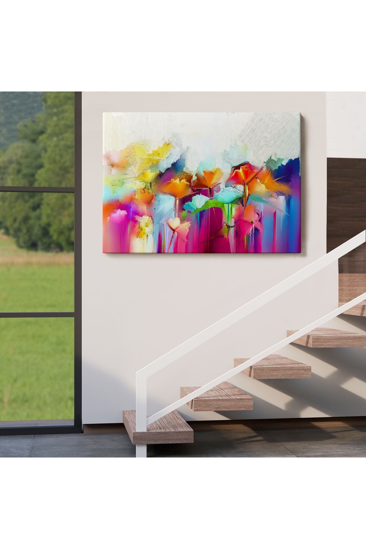 Soyut Çiçekler Yağlıboya Görünüm Dekoratif Kanvas Duvar Tablosu-3562