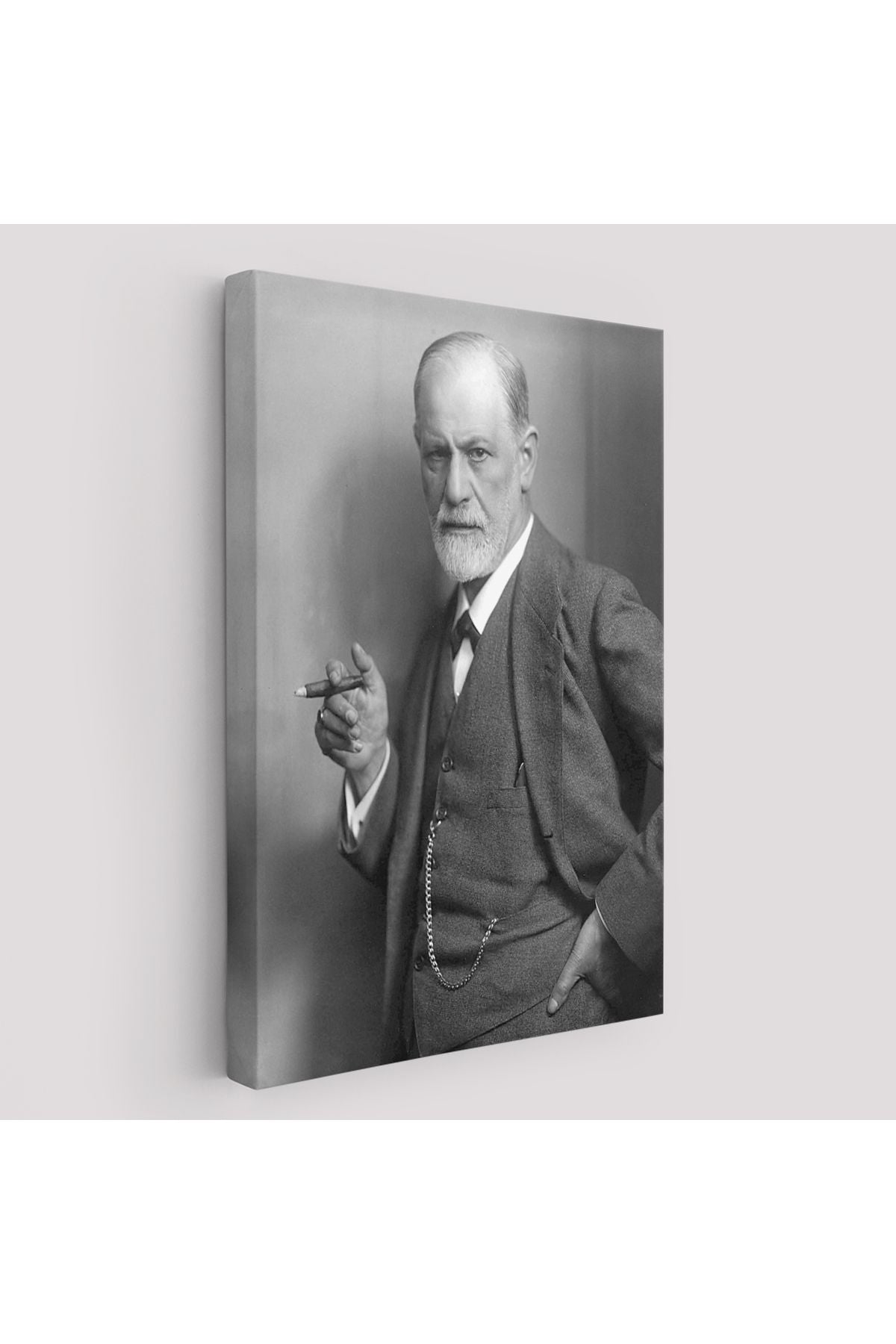 Sigmund Freud Elinde Puro ile Siyah Beyaz Fotoğrafı Kanvas Tablo-5238