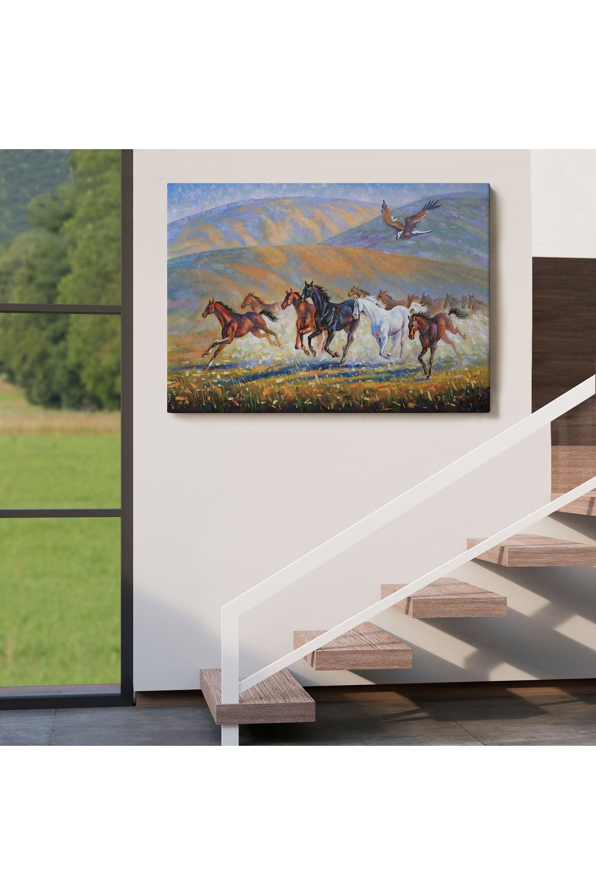 At Sürüsü ve Kartal Yağlıboya Görünüm Dekoratif Kanvas Duvar Tablosu-3600