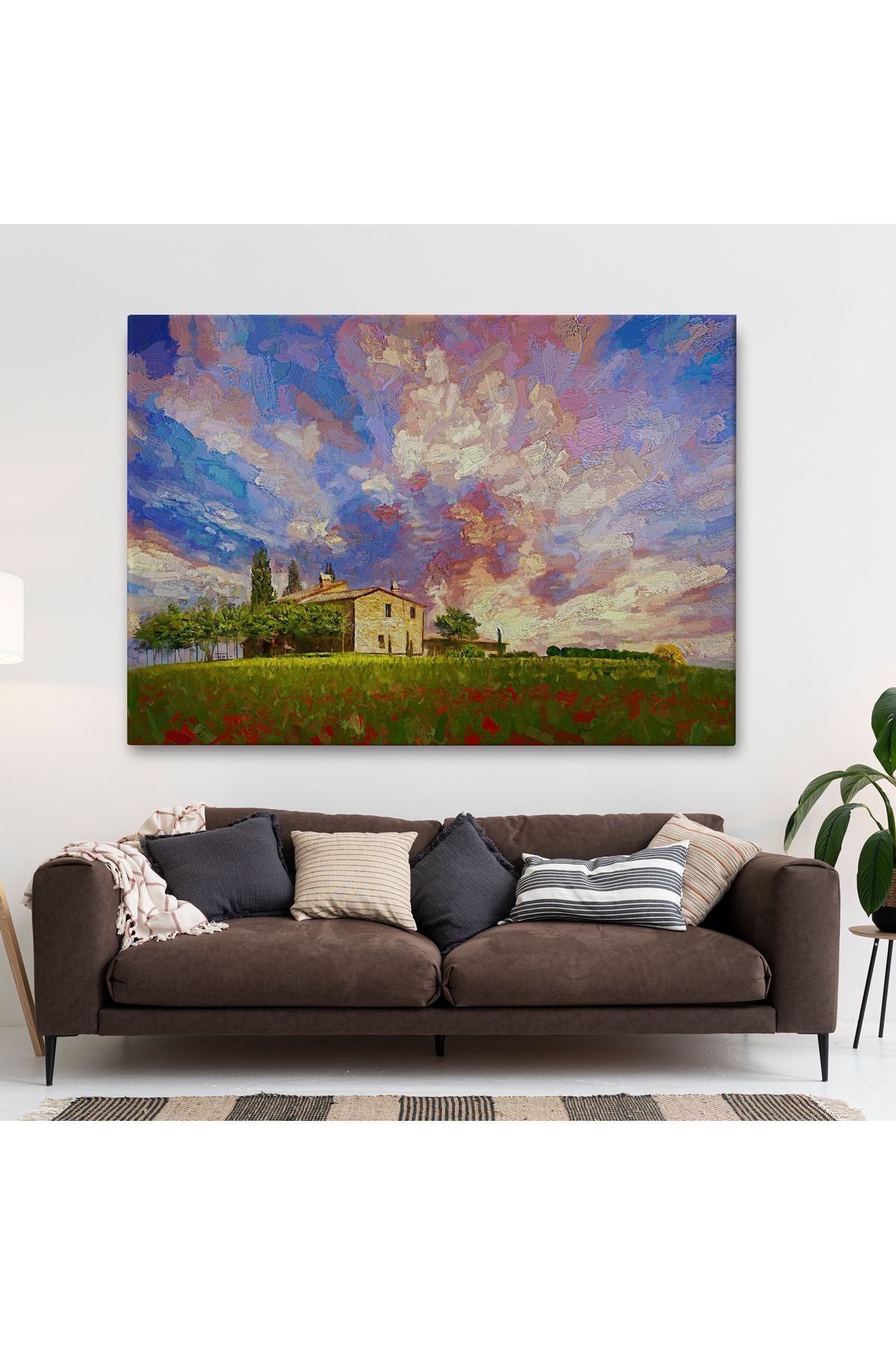Toskana İtalyadaki Kırmızı Gelincik Tarlası Yağlıboya Görünüm  Kanvas Tablosu-3697