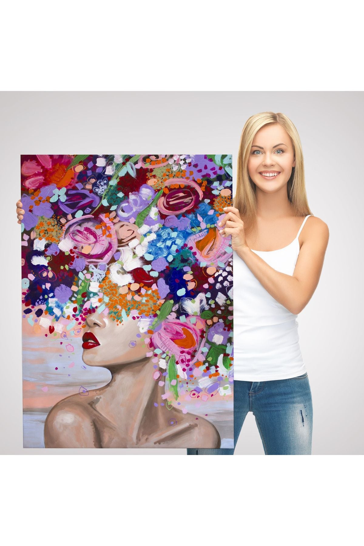 Çiçek Saçlı Kadın Yağlıboya Görünüm Dekoratif Kanvas Duvar Tablosu -6413