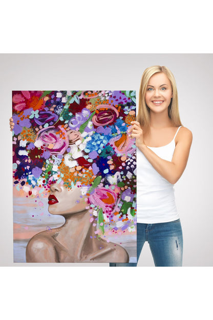 Çiçek Saçlı Kadın Yağlıboya Görünüm Dekoratif Kanvas Duvar Tablosu -6413