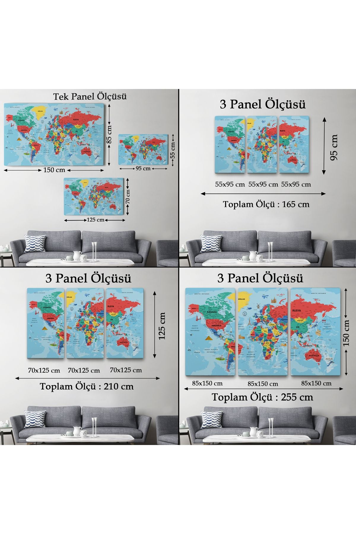 DB HG Türkçe Dünya Haritası Kanvas Tablo Son Derece Detaylı ve Dekoratif-2020