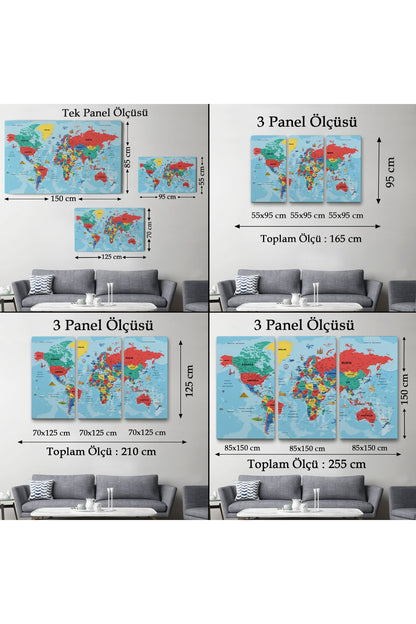 DB HG Türkçe Dünya Haritası Kanvas Tablo Son Derece Detaylı ve Dekoratif-2020