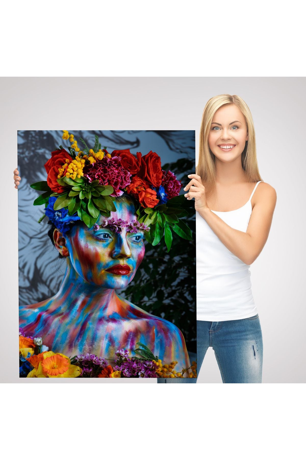 Renkli Çiçek Taçlı Kız Duvar Tablosu-5991