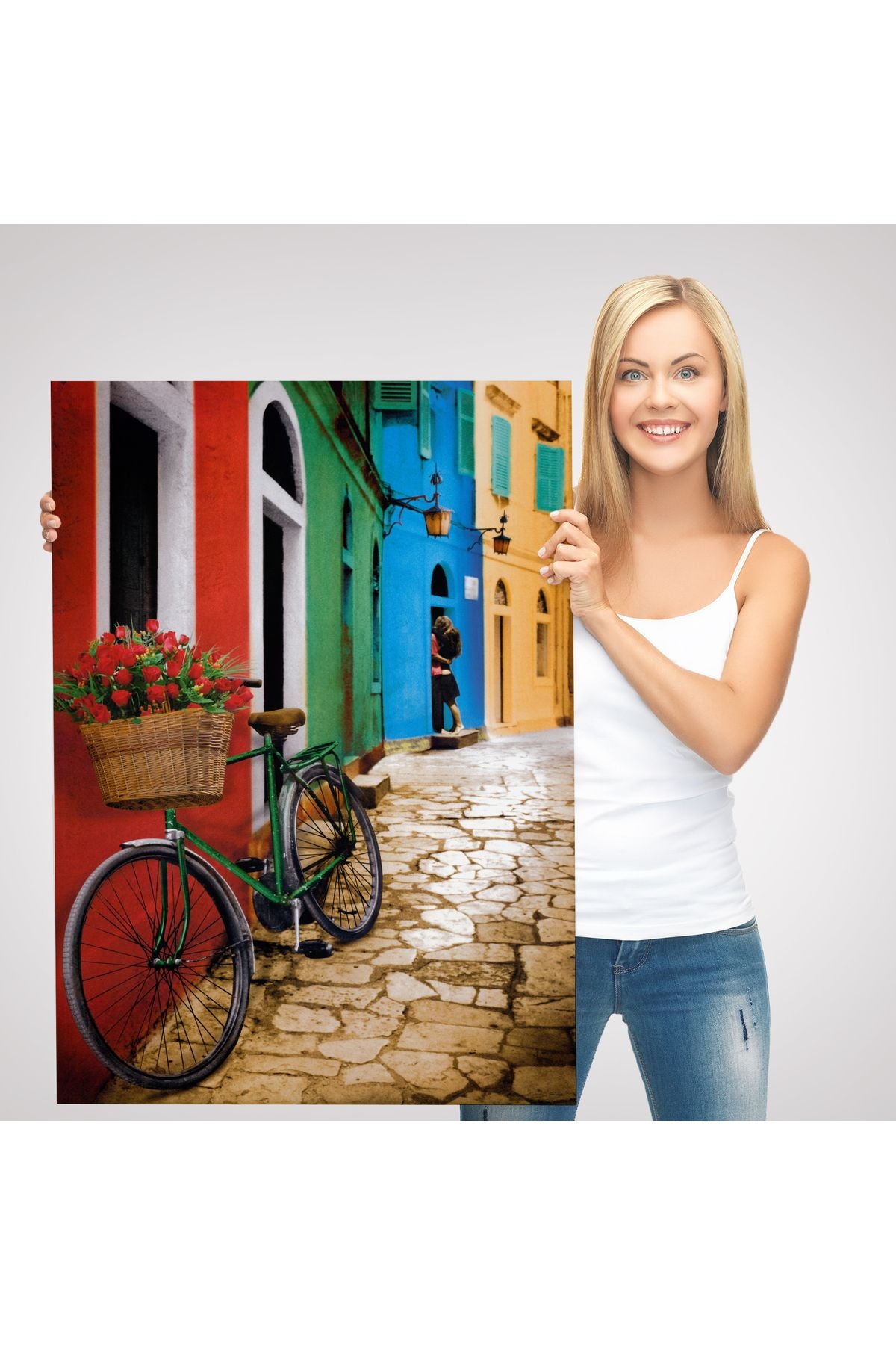 Sokaktaki Çiçekli Bisiklet Duvar Tablosu-6453