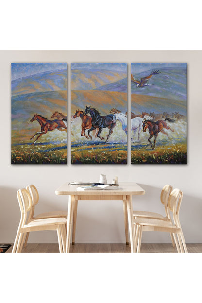 At Sürüsü ve Kartal Yağlıboya Görünüm Dekoratif Kanvas Duvar Tablosu-3600