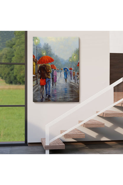 Yağmurda Yürüyen Romantik Çift Yağlıboya Görünüm Dekoratif Kanvas Duvar Tablosu-5943