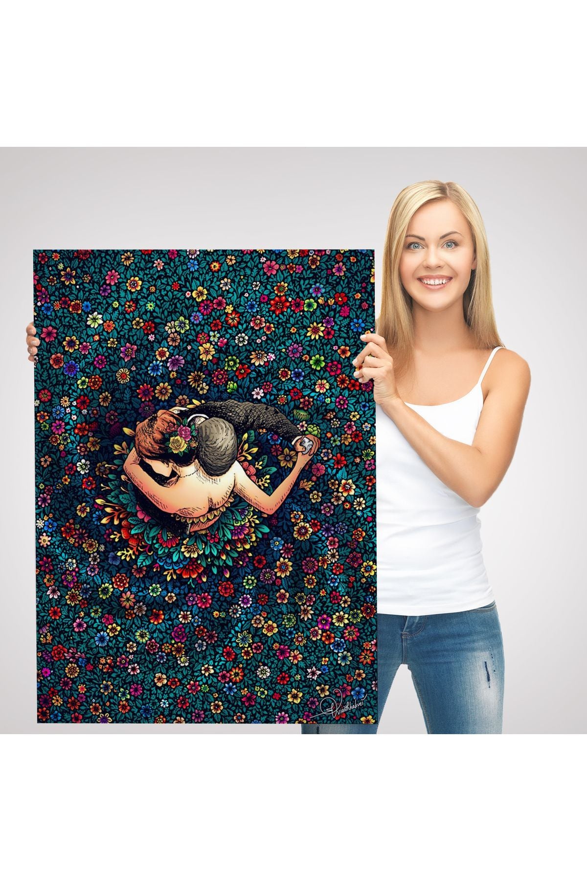 Renkli Çiçekler İçinde Dans Eden Sevgililer Duvar Tablosu-6200