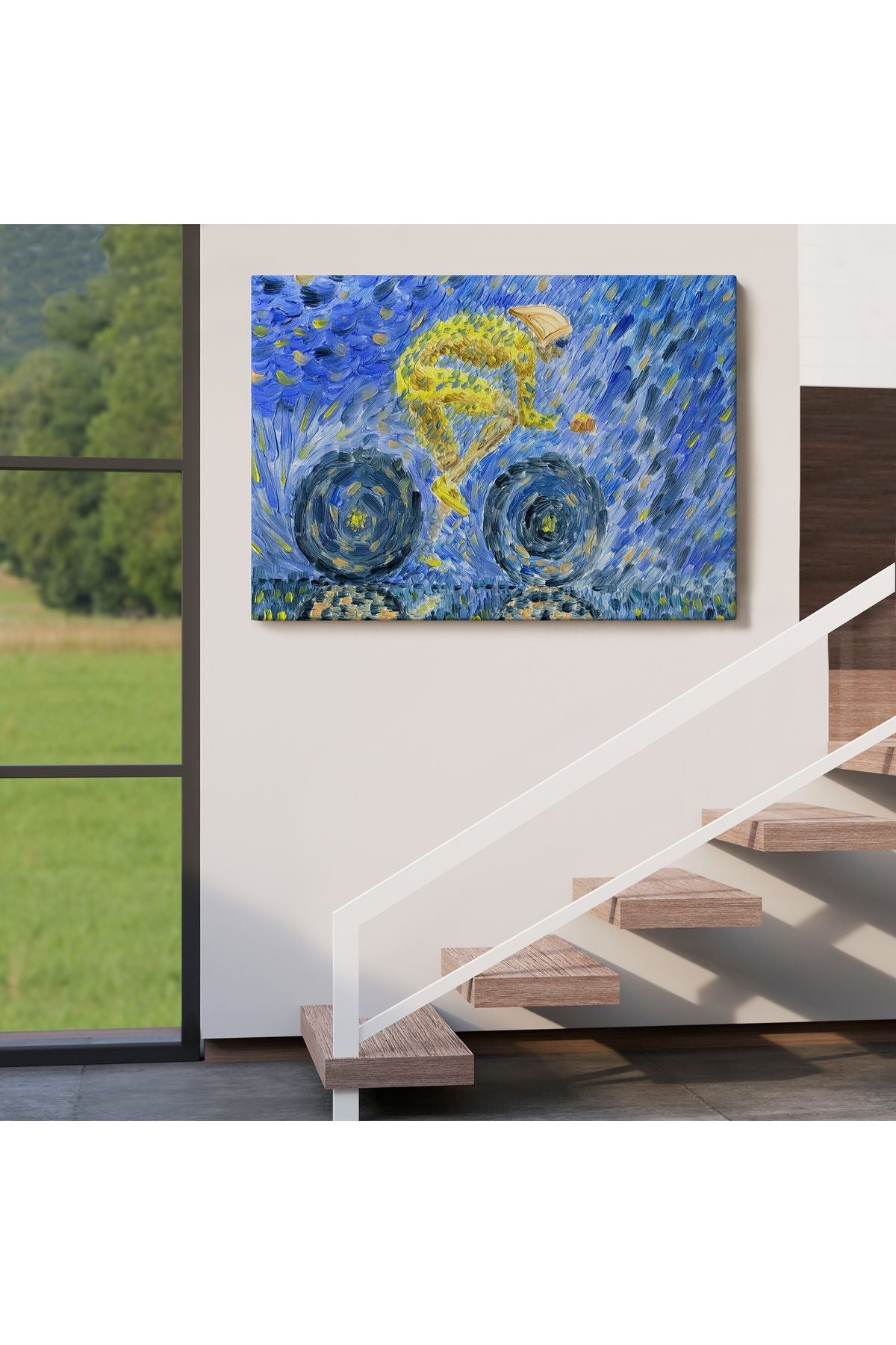 Yağmurda Süren Bisikletçi Yağlıboya Görünüm Dekoratif Kanvas Duvar Tablosu-3609