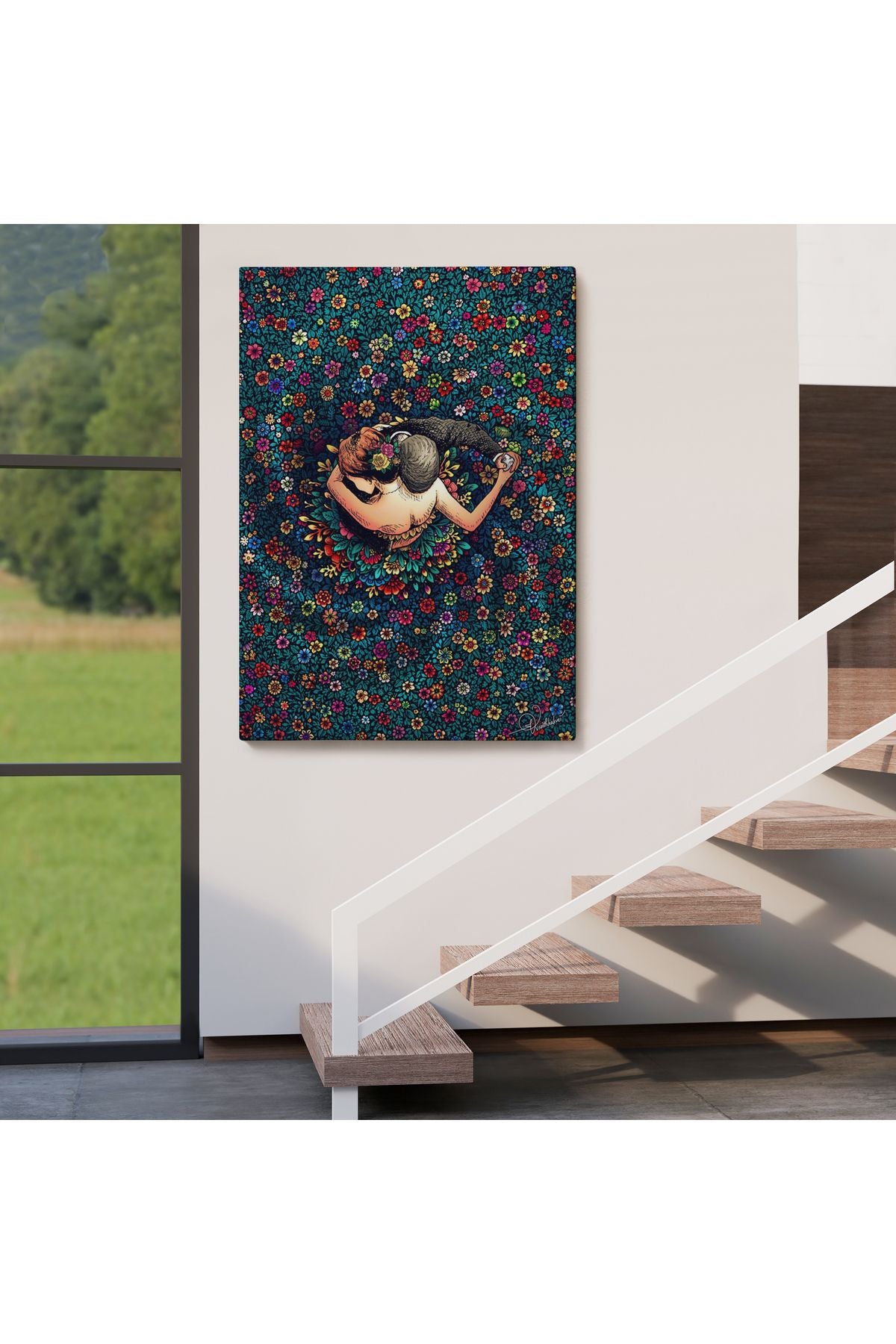 Renkli Çiçekler İçinde Dans Eden Sevgililer Duvar Tablosu-6200