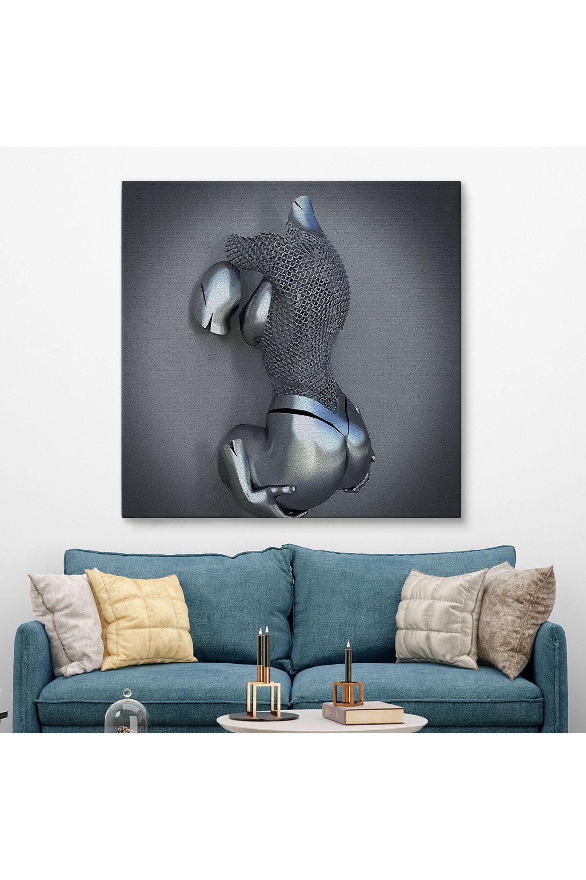 Kanvas Tablo, Gri Ve Gümüş Duvar Dekoru, Aşk Sanatı, 3D Efektli Gümüş İnsan-5349
