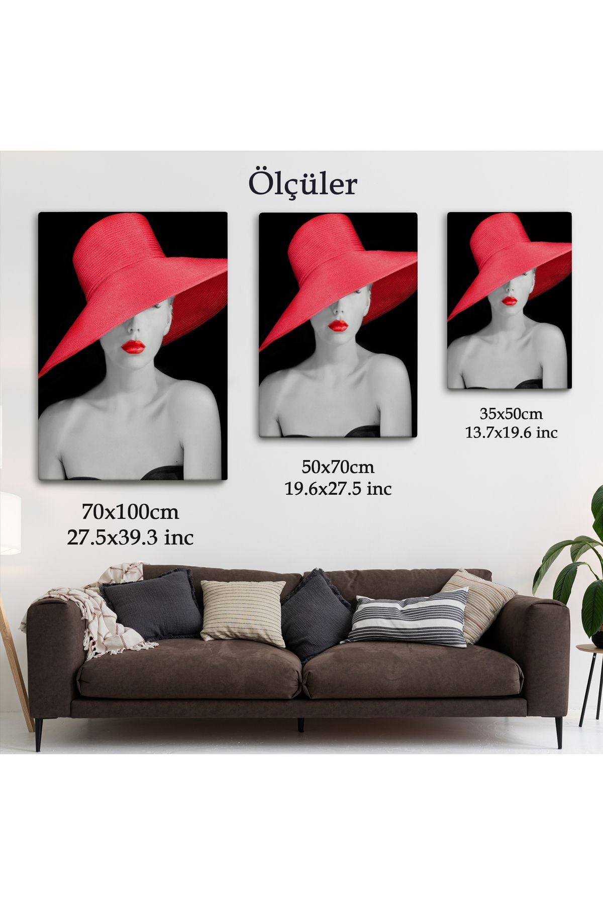 Kırmızı Rujlu ve Kırmızı Şapkalı Zarif Genç Kadın Kanvas Tablosu-4974