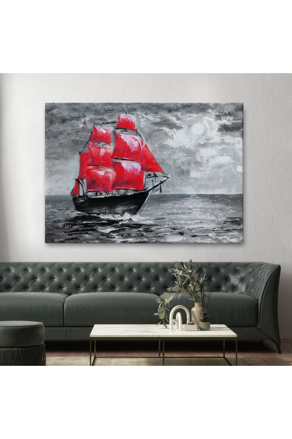 Okyanustaki Kırmızı Yelkenli Duvar Tablosu-1205