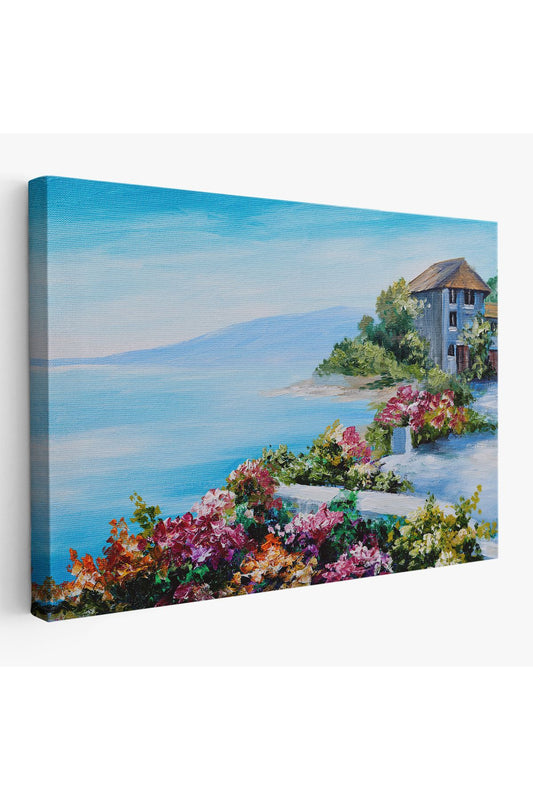 Rengarenk Çiçekler Arasındaki Deniz Manzaralı Ev Duvar Tablosu-3633