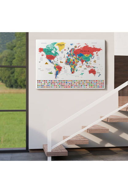 Dünya Haritası Ayrıntılı Eğitici Sembollü Bayraklı Dekoratif Kanvas Tablo 2865