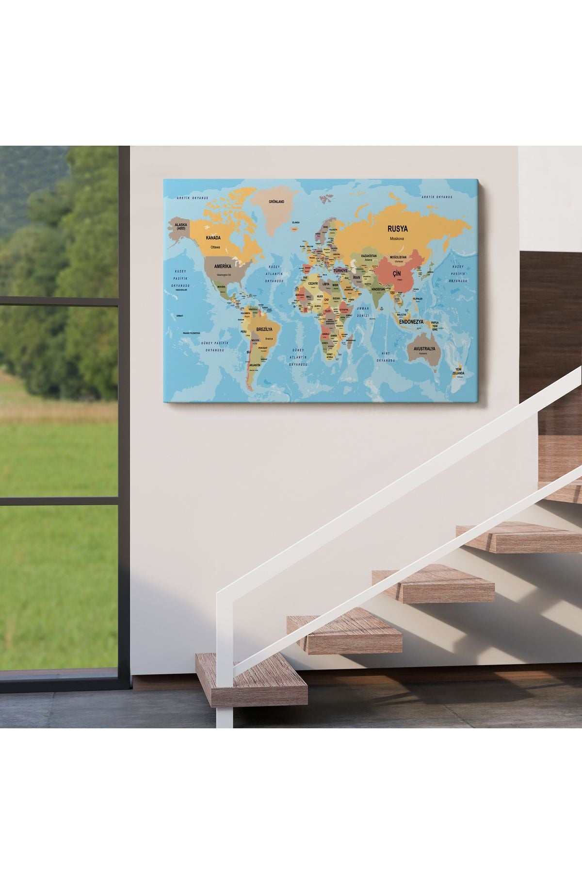 Türkçe Dünya Haritası Ülke Başkentli ve Okyanuslu Dekoratif Kanvas Tablo 2228